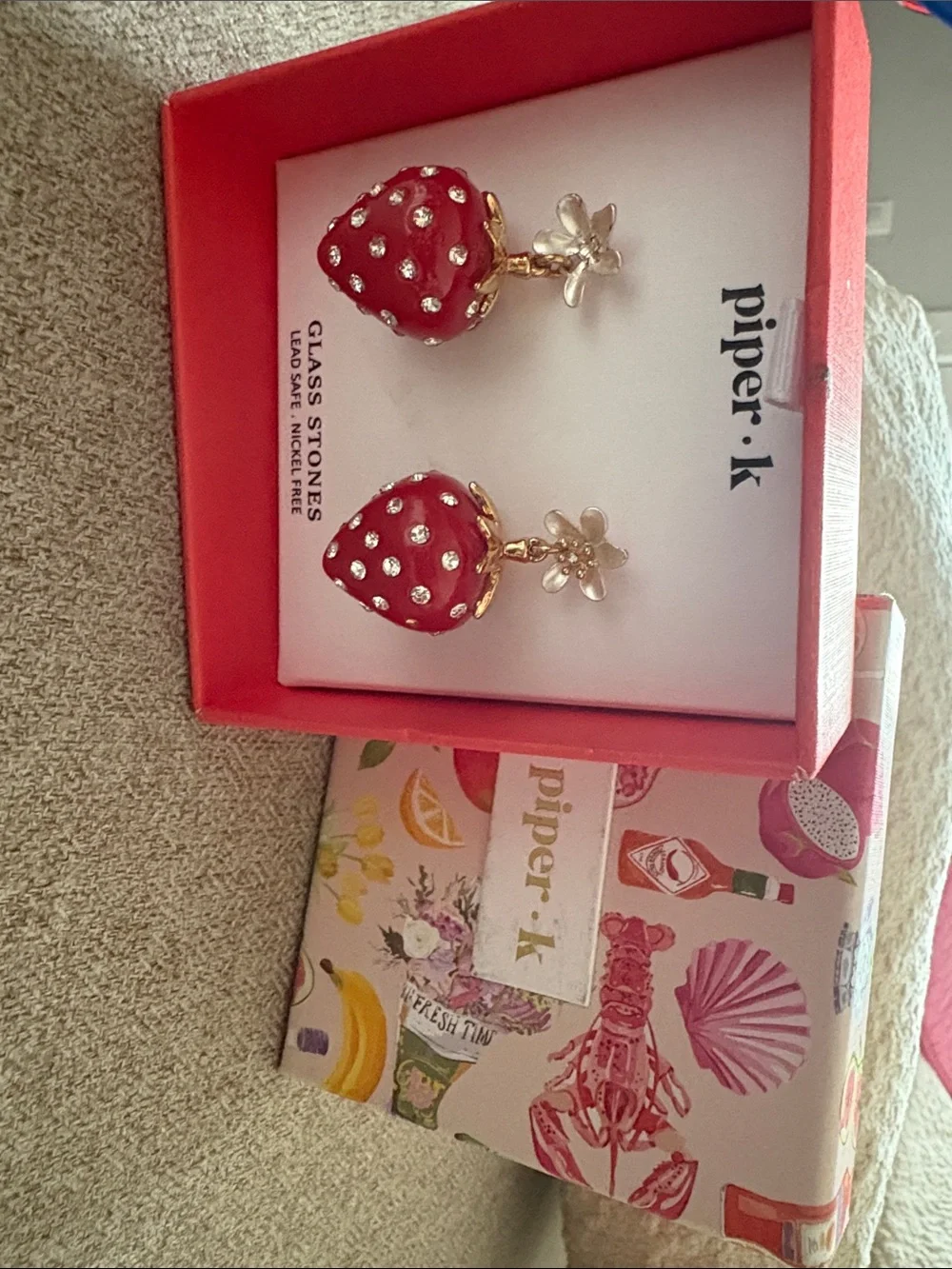 Piper Red Strawberry Drop Earrings with Gold Flower Posts